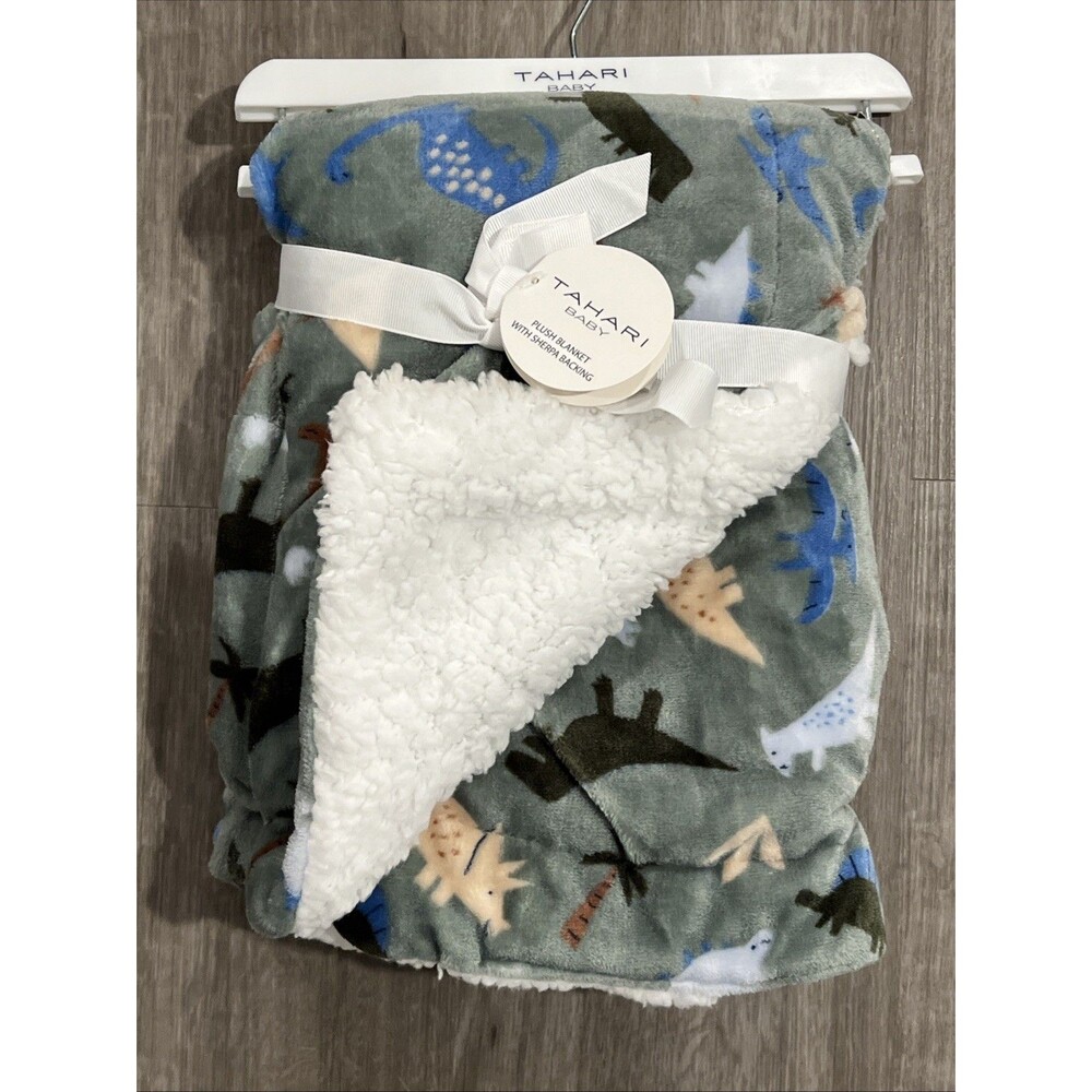 Tahari Baby Dinosaur Dino Plush Blanket Green White Sherpa Colorful New